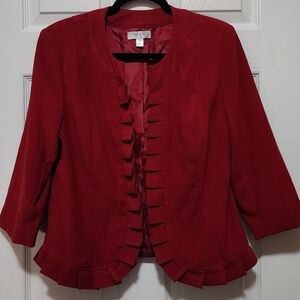 Dressbarn Red Women's 3/4 Sleeve Blazer with Ruffle Trim